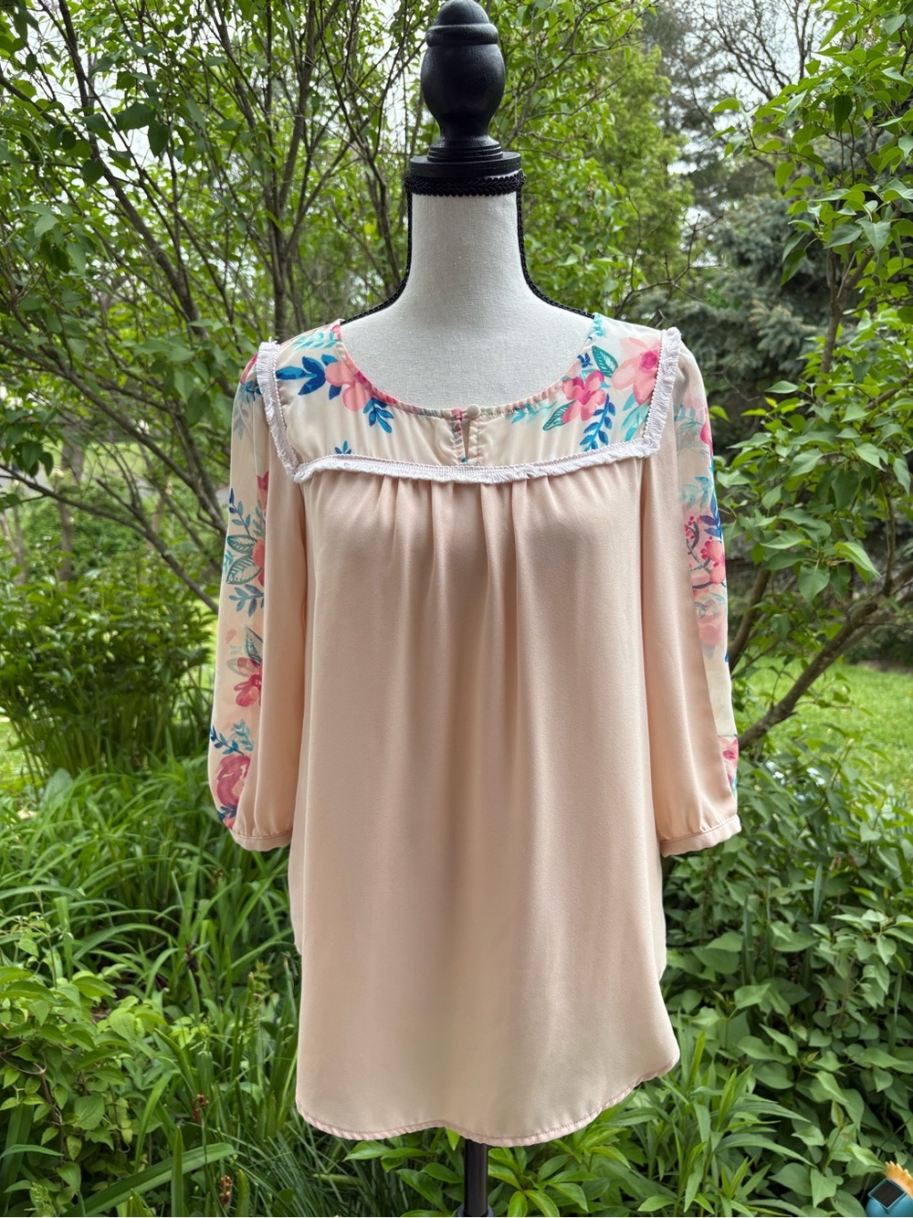 LC Lauren Conrad Peach Floral Scoop-Neck Blouse